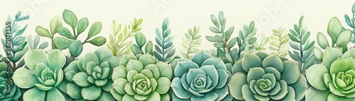 Succulent garden, intricate patterns, soft green hues, botanical watercolor style