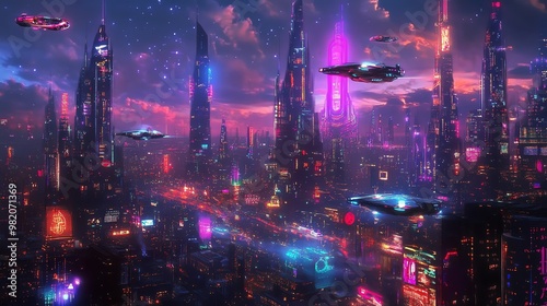 Neon cityscape at night with futuristic architecture and flying cars.