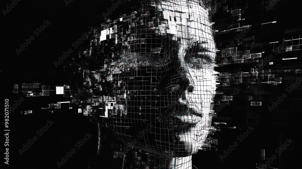 Obraz premium A digital representation of a human face dissolving into abstract data forms.