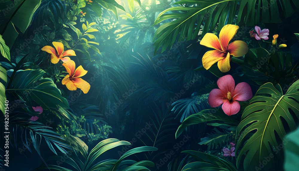 A lush jungle scene with vibrant green leaves and exotic flowers, bringing the warmth of the tropics to your screen A lush jungle scene with vibrant green leaves and exotic flowers, bringing the warmth of the tropics to your screen