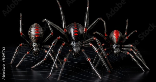 3 different types of black widow spiders in various poses against a white background photo