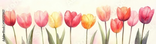 Tulip garden, vibrant mix of colors, springtime scene, watercolor style