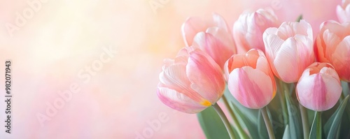 Tulips in bloom, soft pastel buds, subtle brushstrokes, watercolor garden scene
