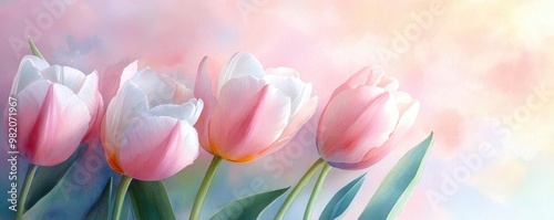 Tulips in bloom, soft pastel buds, subtle brushstrokes, watercolor garden scene