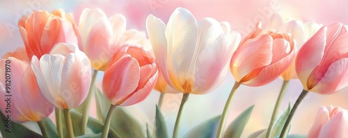 Tulips in bloom, soft pastel buds, subtle brushstrokes, watercolor garden scene