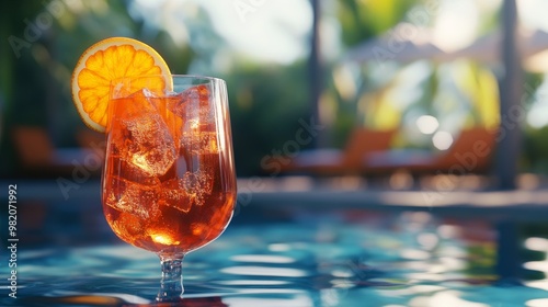 Refreshing aperol spritz cocktail with orange slice adorns a poolside setting at a resort, offering a moment of relaxation.