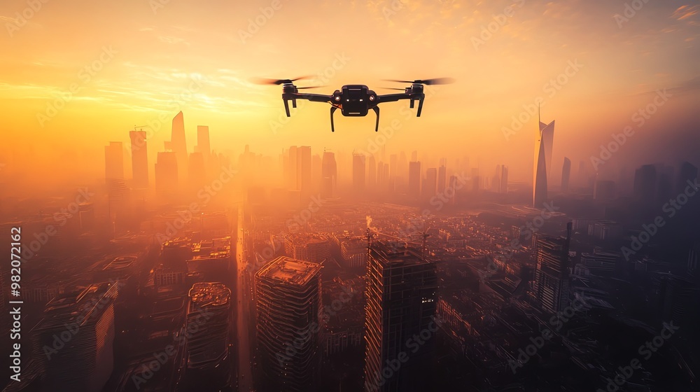 Drone flying over a city skyline at sunset. Drone flying over a city skyline at sunset.