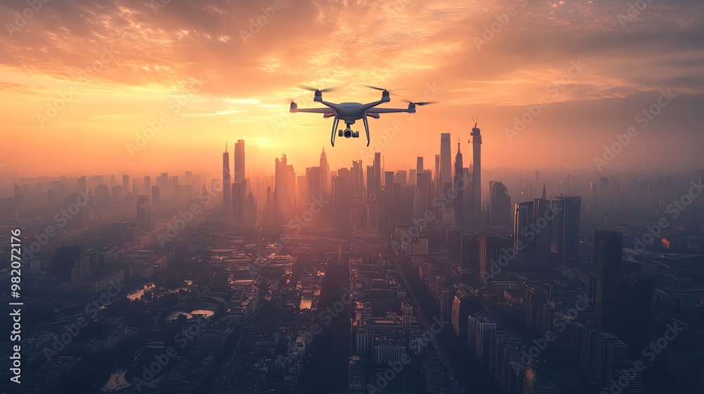 A drone flying over a city skyline at sunset. A drone flying over a city skyline at sunset.