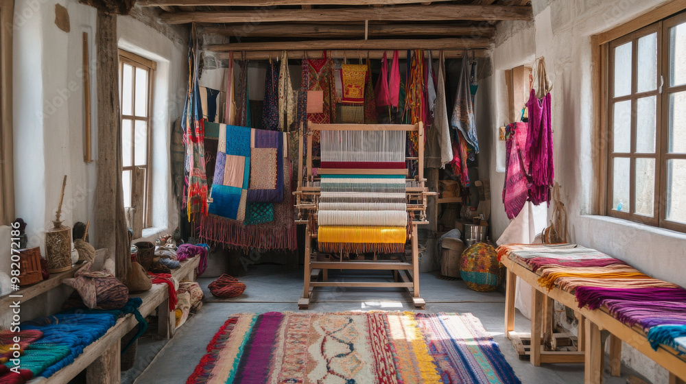 Traditional artisanal weaving studio with handmade fabrics, colorful threads, and a loom in the center of the creative space Traditional artisanal weaving studio with handmade fabrics, colorful threads, and a loom in the center of the creative space