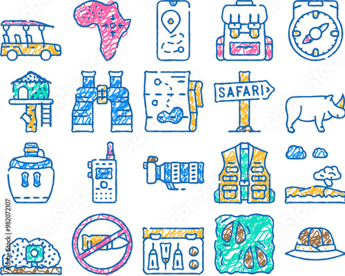 safari african hunting vacation doodle icons set vector. sketch line art rhinoceros animal hunt in safari and hunter equipment, compass binoculars tool, walkie-talkie flask contour illustrations