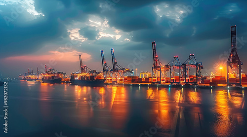 View of the sea port at night, cranes for loading cargo on ships, beautiful sky. Generative AI.