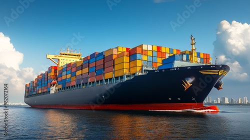 Container Ship Navigating Through Open Water Near a Bustling City Skyline Under Clear Blue Skies During Daylight