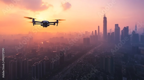 Drone flying over a hazy cityscape at sunset.