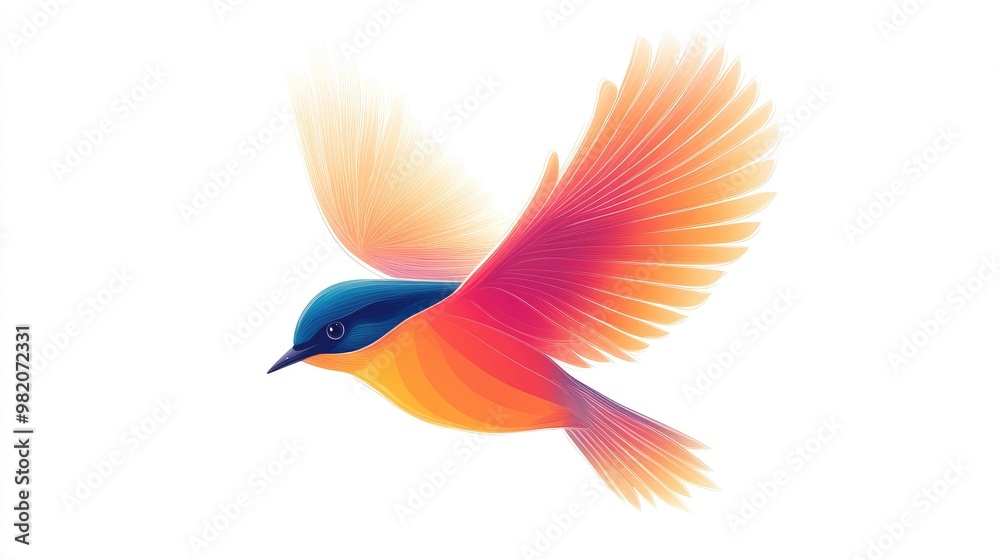 Obraz premium Stylized bird vector art with bold outlines and soft curves, flying gracefully against a crisp white background