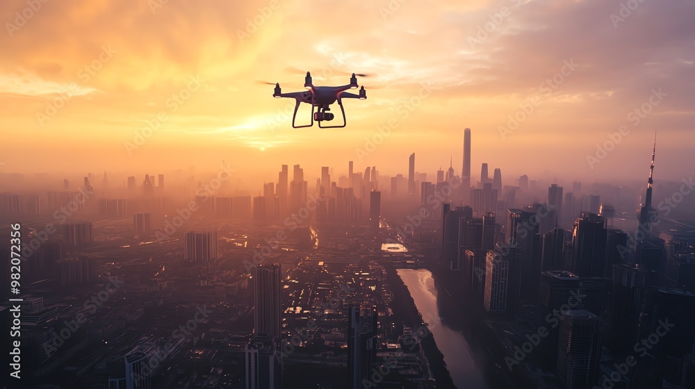 A drone flies over a city skyline at sunset.