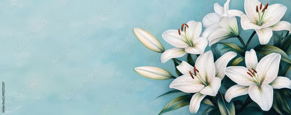 Fototapeta premium White lilies in full bloom, artistic brushstrokes, soft petals, watercolor style