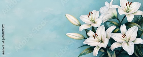 White lilies in full bloom, artistic brushstrokes, soft petals, watercolor style