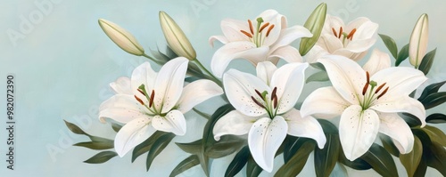 White lilies in full bloom, artistic brushstrokes, soft petals, watercolor style