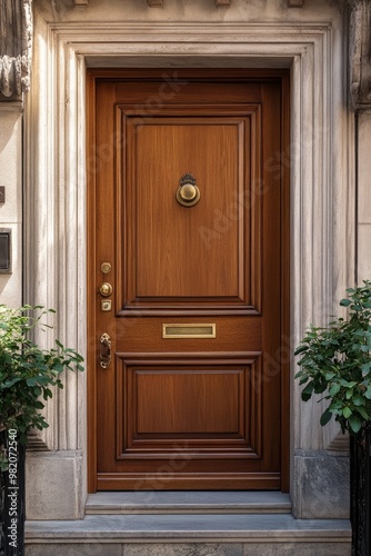 Elegant Wooden Door With Brass Knocker and Mail Slot Framed by Lush Greenery in Urban Setting