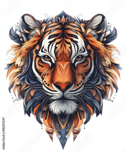 A stylized illustration of a tiger's face with intricate patterns and vibrant colors.