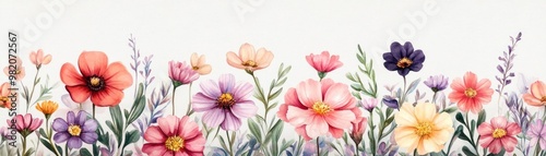 Wildflowers in bloom, vibrant petals, delicate details, watercolor style
