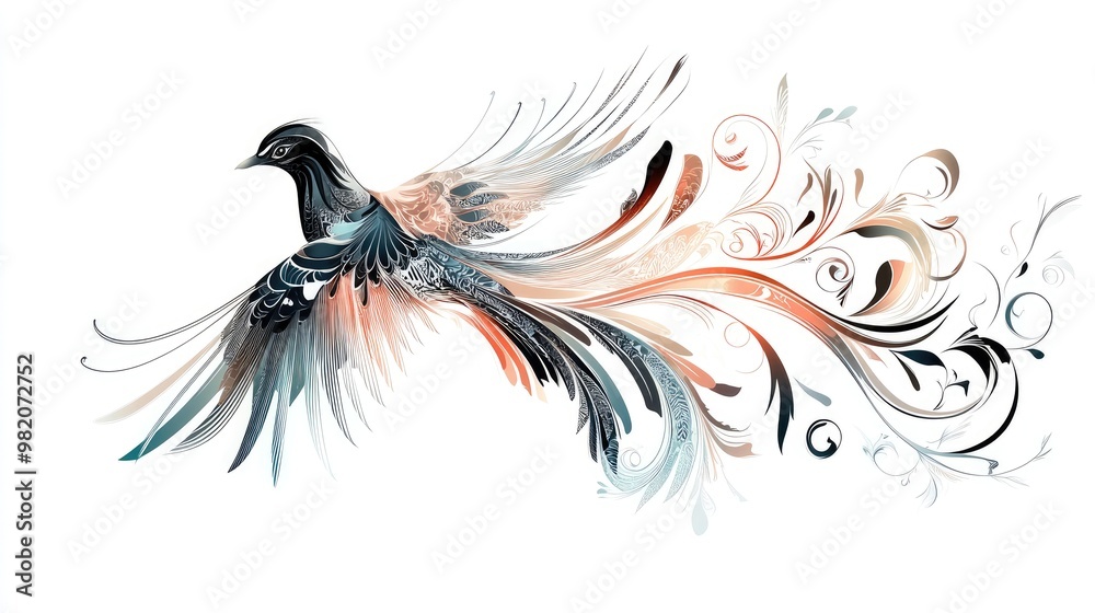 Fototapeta premium Vector art of a bird with flowing feathers and intricate patterns, set in a clean, striking pose against a white background