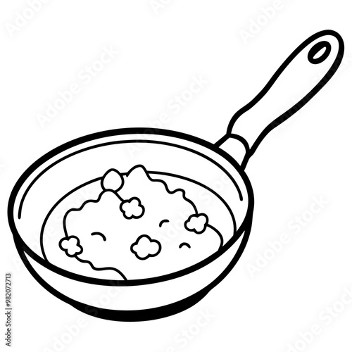 frying pan with scrambled egg outline coloring book page line art drawing