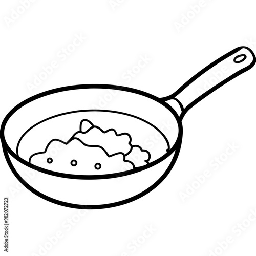 frying pan with scrambled egg outline coloring book page line art drawing