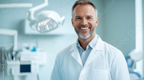 Friendly dentist in a pristine clinic, showcasing professionalism and care for patients with a warm smile.