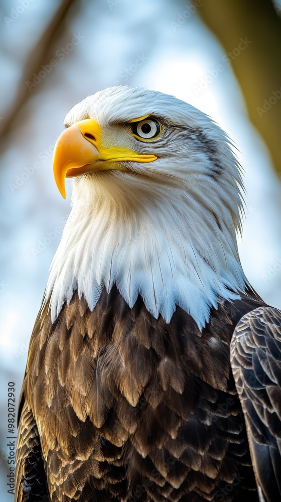 Obraz premium A Majestic Bald Eagle Perched Gracefully on a Branch During the Golden Hour at a Serene Forest Location