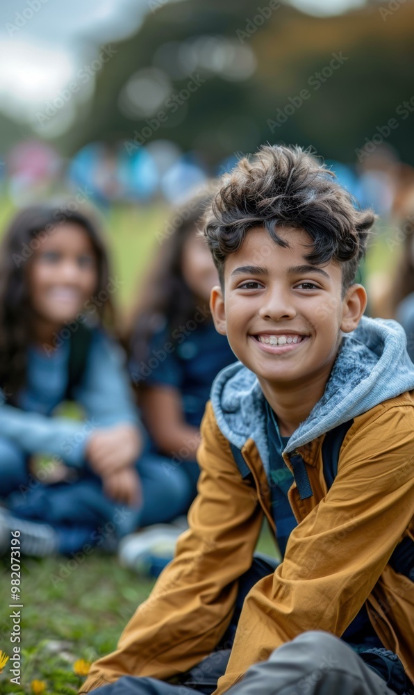 A young boy smiles happily while sitting with friends. AI. A young boy smiles happily while sitting with friends. AI.