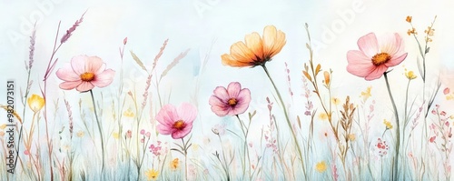 Field of wildflowers, pastel tones, pure countryside atmosphere, watercolor style