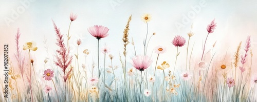 Field of wildflowers, pastel tones, pure countryside atmosphere, watercolor style