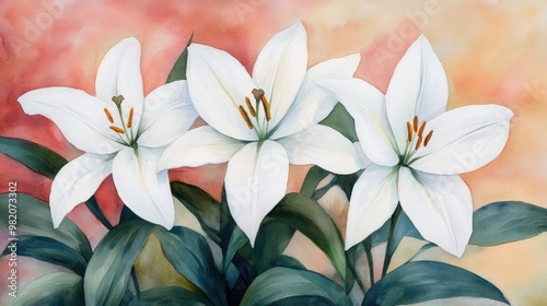 Lilies in bloom, vibrant art style, delicate petals, watercolor composition