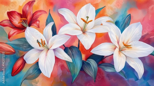 Lilies in bloom, vibrant art style, delicate petals, watercolor composition
