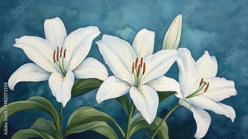 Lilies in bloom, vibrant art style, delicate petals, watercolor composition