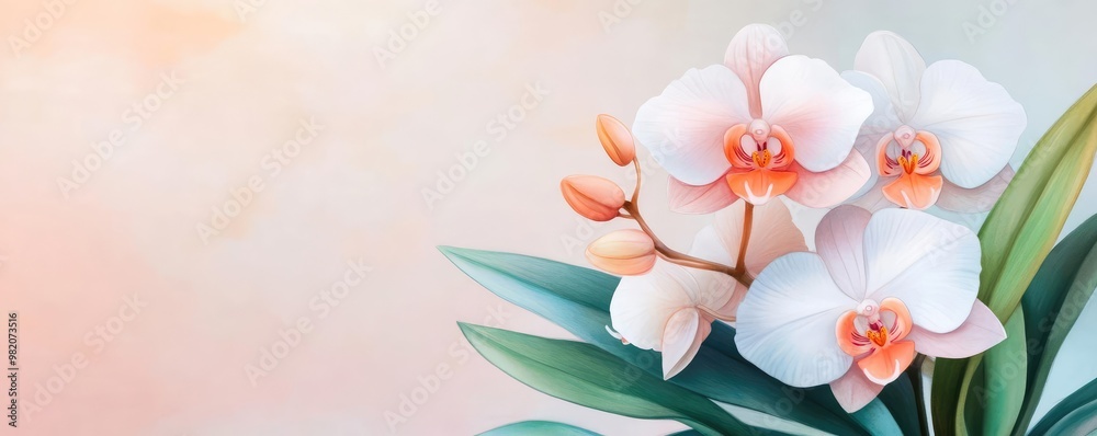 Naklejka premium Orchid flowers, delicate sketch lines, soft hues, serene watercolor style
