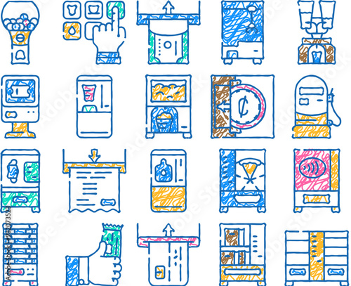 vending machine sale equipment doodle icons set vector. sketch line art coffee and drink vending machine, pop corn and candy food selling electronics contactless payment banknote contour illustrations