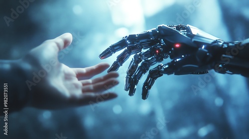 A human hand reaches out to a robotic hand in a futuristic setting.