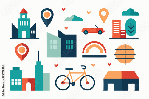 Abstract minimalist urban scene with buildings, bicycle, and car-free day elements