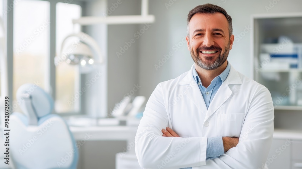 A smiling male dentist in a white coat stands confidently in a modern dental office, showcasing professionalism and care. A smiling male dentist in a white coat stands confidently in a modern dental office, showcasing professionalism and care.