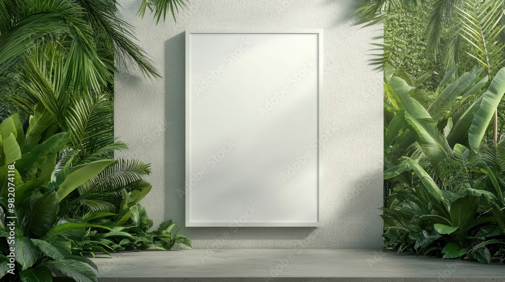 A serene blank canvas surrounded by lush greenery, ideal for showcasing art or advertisements in a tropical setting.