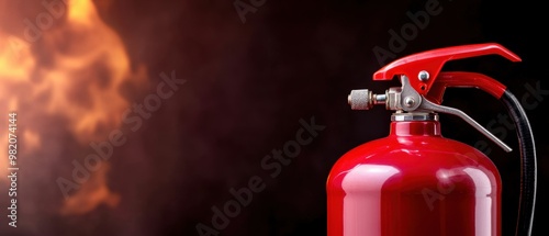 A red fire extinguisher on a dark background with flames, symbolizing safety and fire prevention in emergency situations.