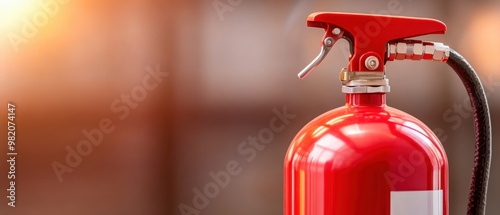 A red fire extinguisher designed for safety, equipped with a nozzle and hose, ideal for emergency preparedness and fire prevention.