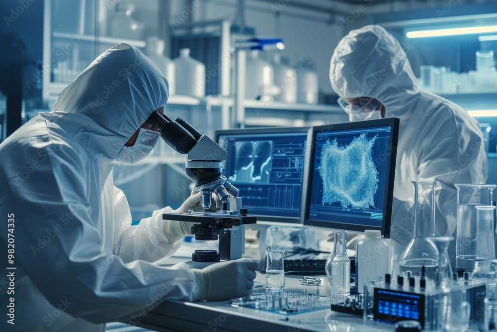 Two scientists in sterile suits are diligently examining a microchip using a microscope and computer in a high-tech research environment Two scientists in sterile suits are diligently examining a microchip using a microscope and computer in a high-tech research environment