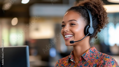 A happy woman in a headset smiles while working at a computer, illustrating customer service and communication skills.