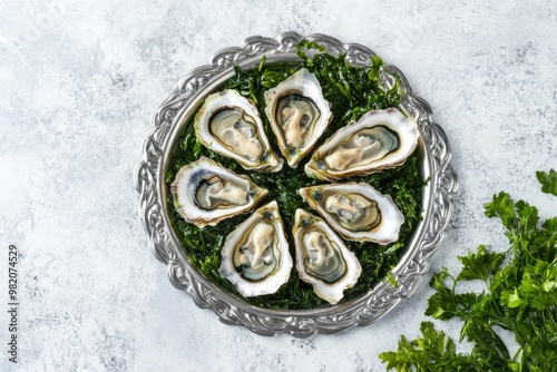 Fresh oysters on silver platter with green garnish served at seafood feast for special occasion photo