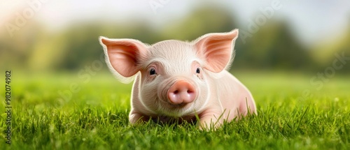 A cute pig relaxing on lush green grass, showcasing its playful nature in a vibrant farm environment.