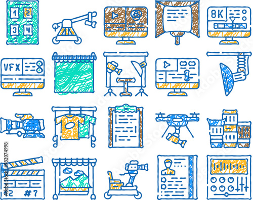 video production and creation doodle icons set vector. sketch line art camera and cart for operator, clapperboard and teleprompter video production equipment contour illustrations