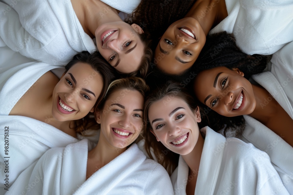 Five diverse women lie together in a bed, all wearing white bathrobes and smiling. They radiate joy after enjoying a relaxing day filled with spa treatments Five diverse women lie together in a bed, all wearing white bathrobes and smiling. They radiate joy after enjoying a relaxing day filled with spa treatments